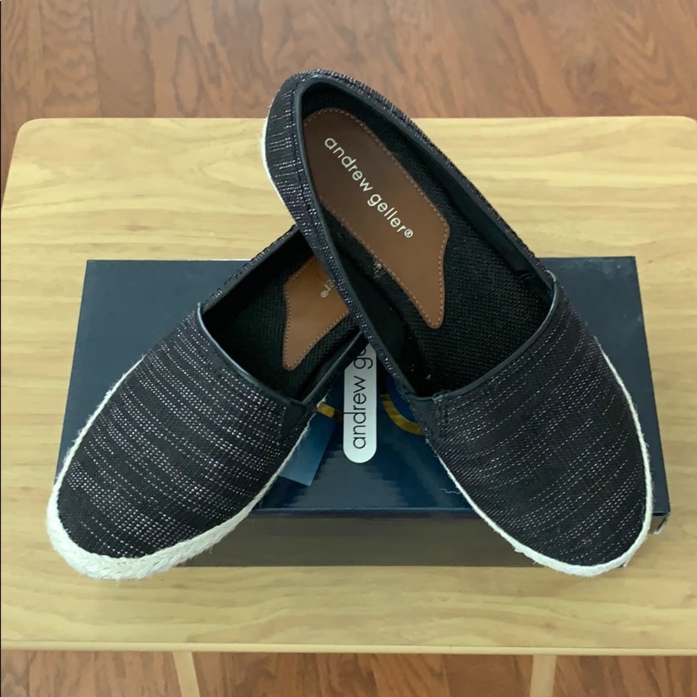 Andrew Geller Garena Black Metallic Espadrille Slip On Flat Shoes Women's Size 9